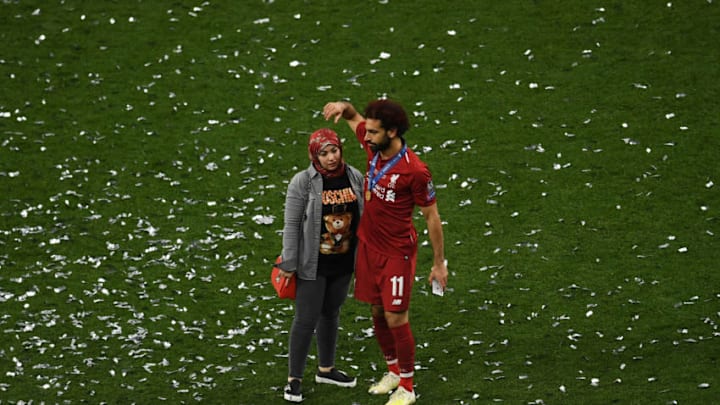 MADRID, SPAIN - JUNE 01: Mohamed Salah of Liverpool celebrates with his wife Magi Salah following the UEFA Champions League Final between Tottenham Hotspur and Liverpool at Estadio Wanda Metropolitano on June 01, 2019 in Madrid, Spain. (Photo by David Ramos/Getty Images)