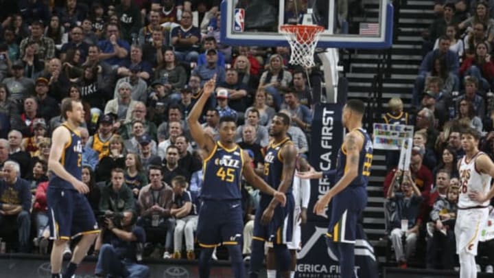 SALT LAKE CITY, UT – DECEMBER 30: Donovan Mitchell #45 of the Utah Jazz reacts during game against the Cleveland Cavaliers on December 30, 2017 at Vivint Smart Home Arena in Salt Lake City, Utah. NOTE TO USER: User expressly acknowledges and agrees that, by downloading and or using this Photograph, User is consenting to the terms and conditions of the Getty Images License Agreement. Mandatory Copyright Notice: Copyright 2017 NBAE (Photo by Melissa Majchrzak/NBAE via Getty Images)