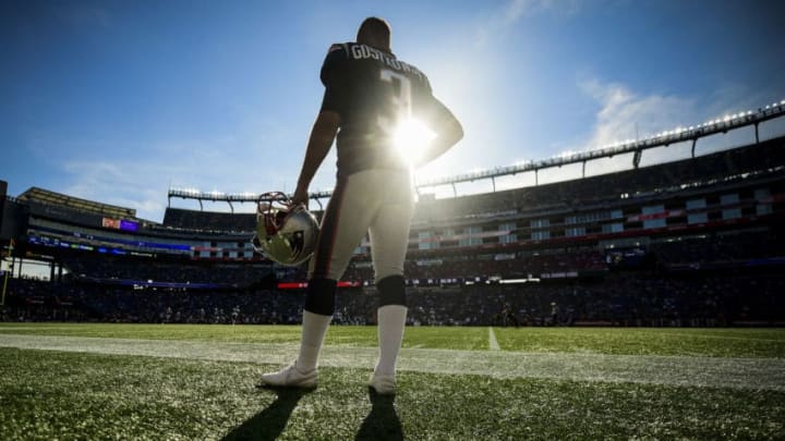 FOXBOROUGH, MA - SEPTEMBER 22: Stephen Gostkowski #3 of the New England Patriots looks on during the fourth quarter of a game against the New York Jets at Gillette Stadium on September 22, 2019 in Foxborough, Massachusetts. (Photo by Billie Weiss/Getty Images)