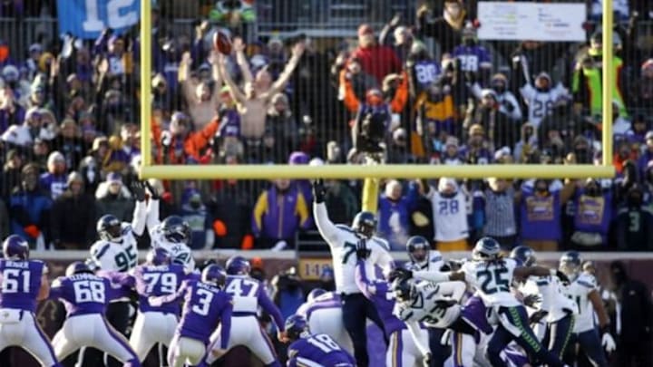 Jan 10, 2016; Minneapolis, MN, USA; Minnesota Vikings kicker Blair Walsh (3) misses the potential game-winning field goal against the Seattle Seahawks in the fourth quarter in a NFC Wild Card playoff football game at TCF Bank Stadium. Mandatory Credit: Bruce Kluckhohn-USA TODAY Sports