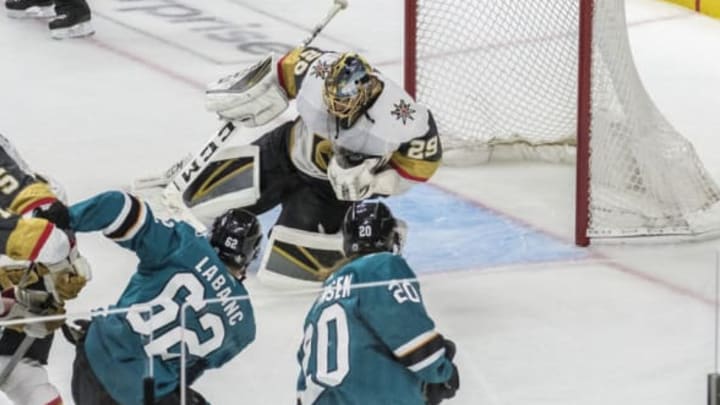 SAN JOSE, CA – APRIL 23: Vegas Golden Knights goaltender Marc-Andre Fleury (29) pulls in a shot attempt by San Jose Sharks right wing Kevin Labanc (62) during overtime in Game 7, Round 1 between the Vegas Golden Knights and the San Jose Sharks on Tuesday, April 23, 2019 at the SAP Center in San Jose, California. (Photo by Douglas Stringer/Icon Sportswire via Getty Images)