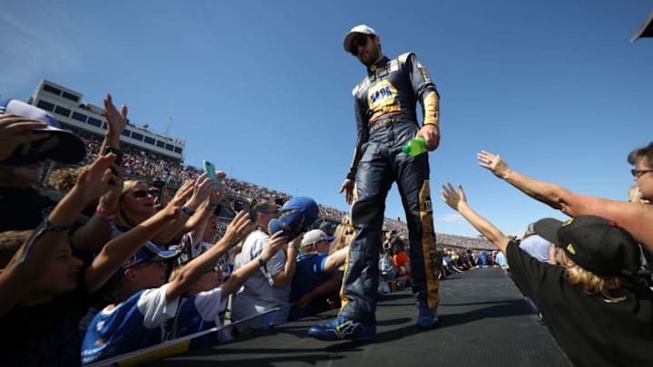 TALLADEGA, AL - OCTOBER 14: Chase Elliott, driver of the #9 NAPA Nightvision Lamps Chevrolet, is introduced prior to the Monster Energy NASCAR Cup Series 1000Bulbs.com 500 at Talladega Superspeedway on October 14, 2018 in Talladega, Alabama. (Photo by Chris Graythen/Getty Images)