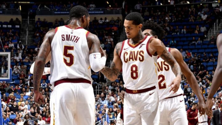 ORLANDO, FL - NOVEMBER 5: Jordan Clarkson #8 of the Cleveland Cavaliers gives JR Smith #5 of the Cleveland Cavaliers a handshake during the game against the Orlando Magic on November 5, 2018 at Amway Center in Orlando, Florida. NOTE TO USER: User expressly acknowledges and agrees that, by downloading and or using this photograph, User is consenting to the terms and conditions of the Getty Images License Agreement. Mandatory Copyright Notice: Copyright 2018 NBAE (Photo by Fernando Medina/NBAE via Getty Images)