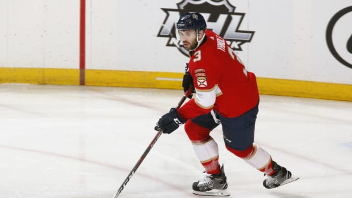 SUNRISE, FL - JANUARY 21: Keith Yandle #3 of the Florida Panthers carries the puck up ice against the San Jose Sharks at the BB&T Center on January 21, 2019 in Sunrise, Florida. The Panthers defeated the Sharks 6-2. (Photo by Joel Auerbach/Icon Sportswire via Getty Images)