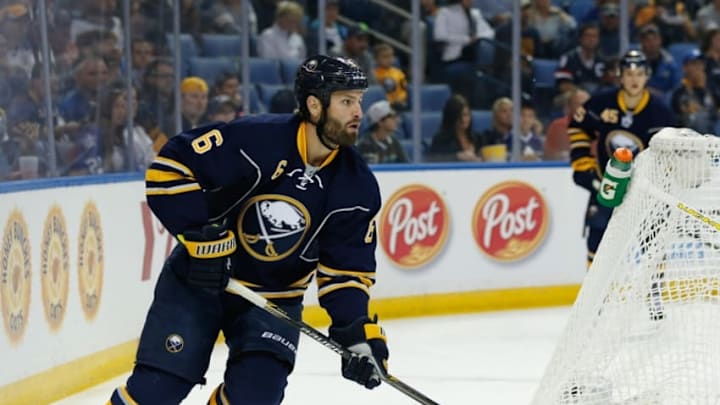Sep 29, 2015; Buffalo, NY, USA; Buffalo Sabres defenseman Mike Weber (6) during the game against the Toronto Maple Leafs at First Niagara Center. Mandatory Credit: Kevin Hoffman-USA TODAY Sports