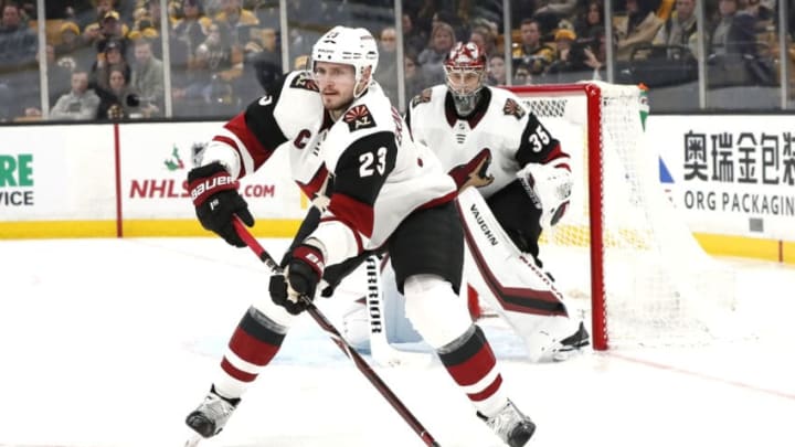 BOSTON, MA - DECEMBER 11: Arizona Coyotes defenseman Oliver Ekman-Larsson (23) looks to make a pass during a game between the Boston Bruins and the Arizona Coyotes on December 11, 2018, at TD Garden in Boston, Massachusetts. (Photo by Fred Kfoury III/Icon Sportswire via Getty Images)