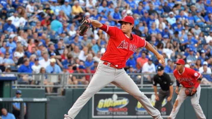Jul 26, 2016; Kansas City, MO, USA; Los Angeles Angels starting pitcher Tyler Skaggs (45) delivers a pitch in the first inning against the Kansas City Royals at Kauffman Stadium. Mandatory Credit: Denny Medley-USA TODAY Sports