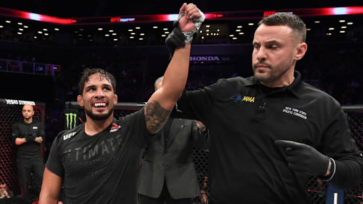 NEW YORK, NY - JANUARY 19: Dennis Bermudez celebrates his victory over Te Edwards in their lightweight bout during the UFC Fight Night event at the Barclays Center on January 19, 2019 in the Brooklyn borough of New York City. (Photo by Josh Hedges/Zuffa LLC/Zuffa LLC via Getty Images)
