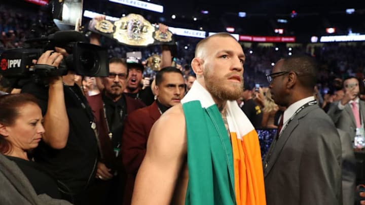 LAS VEGAS, NV - AUGUST 26: Conor McGregor walks to the ring prior to his super welterweight boxing match against Floyd Mayweather Jr. on August 26, 2017 at T-Mobile Arena in Las Vegas, Nevada. (Photo by Christian Petersen/Getty Images)