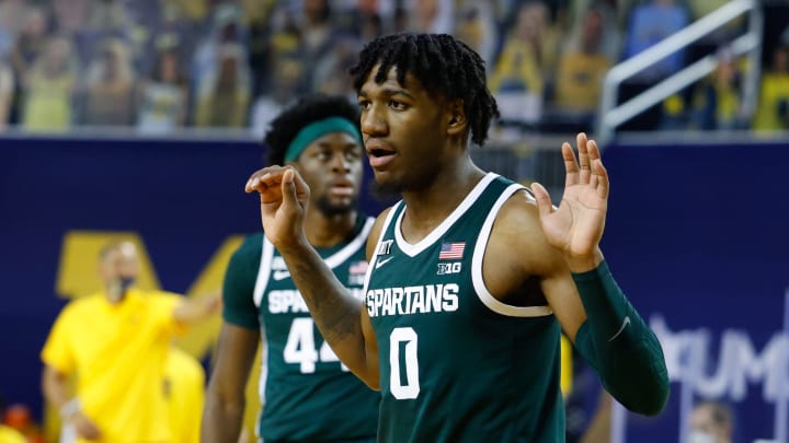 Mar 4, 2021; Ann Arbor, Michigan, USA; Michigan State Spartans forward Aaron Henry (0) reacts to a call in the first half against the Michigan Wolverines at Crisler Center. Mandatory Credit: Rick Osentoski-USA TODAY Sports