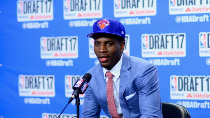 BROOKLYN, NY - JUNE 22: Damyean Dotson of the New York Knicks talks to the media after being selected 44th overall at the 2017 NBA Draft on June 22, 2017 at Barclays Center in Brooklyn, New York. NOTE TO USER: User expressly acknowledges and agrees that, by downloading and or using this photograph, User is consenting to the terms and conditions of the Getty Images License Agreement. Mandatory Copyright Notice: Copyright 2017 NBAE (Photo by Stephen Pellegrino/NBAE via Getty Images)