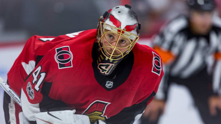 OTTAWA, ON - SEPTEMBER 18: Ottawa Senators goalie Craig Anderson (41) waits for the faceoff during first period National Hockey League preseason action between the Toronto Maple Leafs and Ottawa Senators on September 18, 2017, at Canadian Tire Centre in Ottawa, ON, Canada. (Photo by Richard A. Whittaker/Icon Sportswire via Getty Images)