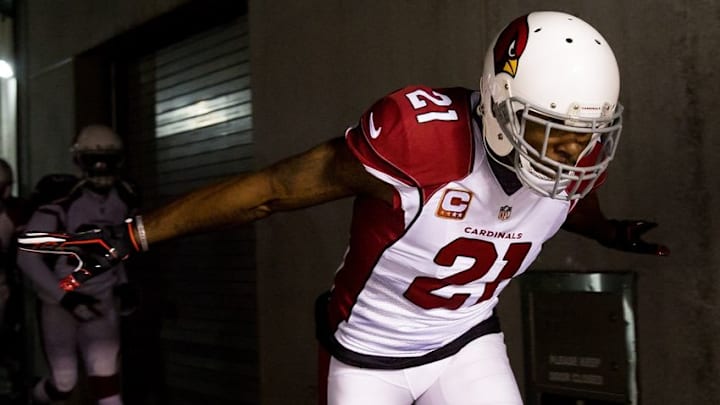 Dec 20, 2015; Philadelphia, PA, USA; Arizona Cardinals cornerback Patrick Peterson (21) runs out of the tunnel to begin a game against the Philadelphia Eagles at Lincoln Financial Field. The Cardinals won 40-17. Mandatory Credit: Bill Streicher-USA TODAY Sports