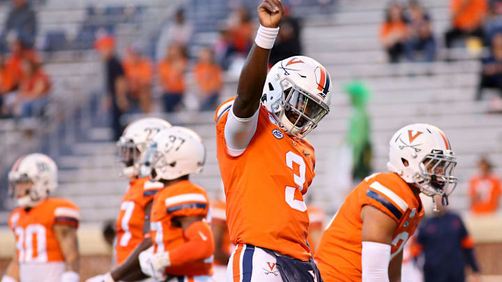 CHARLOTTESVILLE, VA – SEPTEMBER 06: Bryce Perkins #3 of the Virginia Cavaliers warms up before the start of a game at Scott Stadium on September 6, 2019 in Charlottesville, Virginia. (Photo by Ryan M. Kelly/Getty Images)