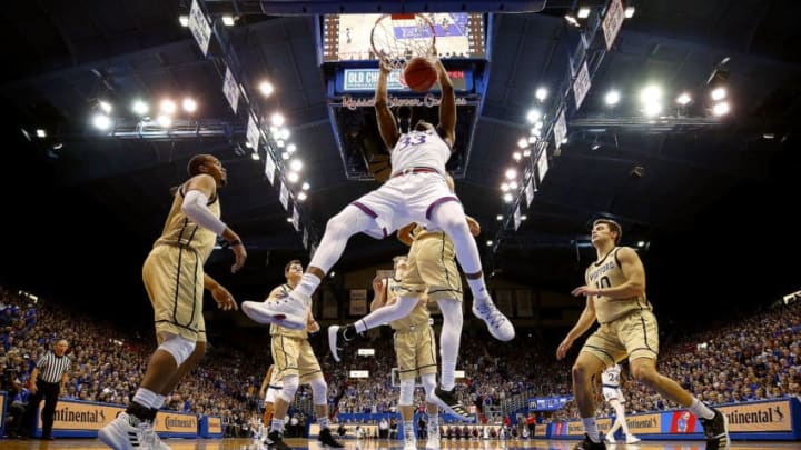 LAWRENCE, KANSAS - DECEMBER 04: David McCormack #33 of the Kansas Jayhawks dunks during the game against the Wofford Terriers at Allen Fieldhouse on December 04, 2018 in Lawrence, Kansas. (Photo by Jamie Squire/Getty Images)