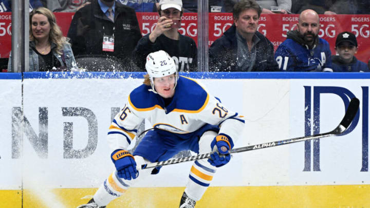 Apr 12, 2022; Toronto, Ontario, CAN; Buffalo Sabres defenseman Rasmus Dahlin (26) pursues the play against the Toronto Maple Leafs in the second period at Scotiabank Arena. Mandatory Credit: Dan Hamilton-USA TODAY Sports