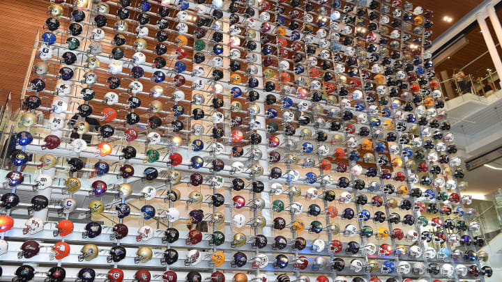 ATLANTA, GA – AUGUST 23: A general view of the College Football Hall of Fame Grand Opening at College Football Hall of Fame on August 23, 2014 in Atlanta, Georgia. The helmets represents 768 college football programs. (Photo by Paras Griffin/Getty Images)