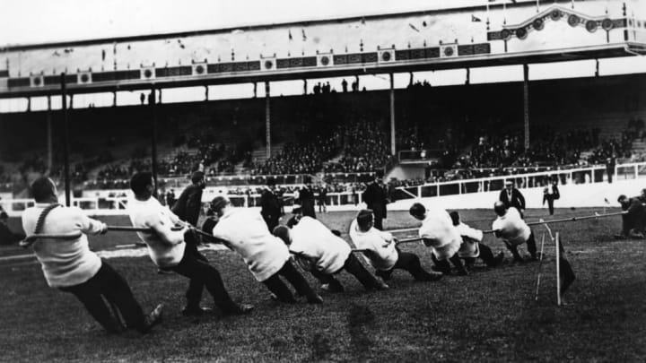 Great Britain's Liverpool St Police tug-of-war team taking on Ireland at the 1908 London Olympics.