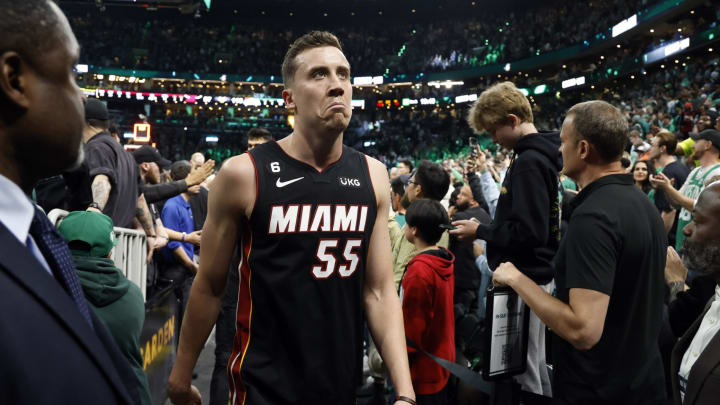 May 25, 2023; Boston, Massachusetts, USA; Miami Heat forward Duncan Robinson (55) leaves the court after a loss to the Boston Celtics in game five of the Eastern Conference Finals for the 2023 NBA playoffs at TD Garden. Mandatory Credit: Winslow Townson-USA TODAY Sports