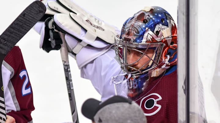 CALGARY, AB - APRIL 19: Colorado Avalanche Goalie Philipp Grubauer (31) looks on at the bench between whistles during the second period of Game Five of the Western Conference First Round during the 2019 Stanley Cup Playoffs where the Calgary Flames hosted the Colorado Avalanche on April 19, 2019, at the Scotiabank Saddledome in Calgary, AB. (Photo by Brett Holmes/Icon Sportswire via Getty Images)