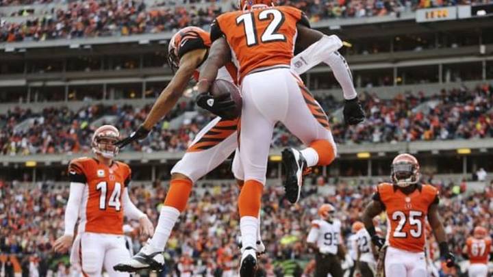 Nov 17, 2013; Cincinnati, OH, USA; Cincinnati Bengals wide receiver Mohamed Sanu (12) celebrates scoring a touchdown with teammates during the first half against the Cleveland Browns at Paul Brown Stadium. Mandatory Credit: Kevin Jairaj-USA TODAY Sports Nov 17, 2013; Cincinnati, OH, USA; Cincinnati Bengals wide receiver Mohamed Sanu (12) celebrates scoring a touchdown with teammates during the first half against the Cleveland Browns at Paul Brown Stadium. Mandatory Credit: Kevin Jairaj-USA TODAY Sports