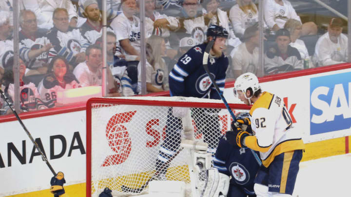 WINNIPEG, MB - MAY 7: Filip Forsberg #9 and Ryan Johansen #92 of the Nashville Predators celebrate a second period goal against the Winnipeg Jets in Game Six of the Western Conference Second Round during the 2018 NHL Stanley Cup Playoffs at the Bell MTS Place on May 7, 2018 in Winnipeg, Manitoba, Canada. (Photo by Jonathan Kozub/NHLI via Getty Images)