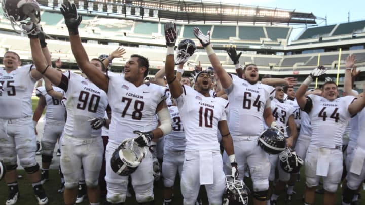 The Fordham Rams celebrate their win against Temple University Owls (Photo by Mitchell Leff/Getty Images)