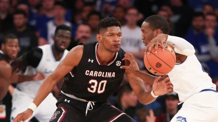 Dec 12, 2016; New York, NY, USA; South Carolina Gamecocks forward Chris Silva (30) defends Seton Hall Pirates guard Khadeen Carrington (0) during the second half of the second game of the Under Armour Reunion at Madison Square Garden. Seton Hall won, 77-74. Mandatory Credit: Vincent Carchietta-USA TODAY Sports