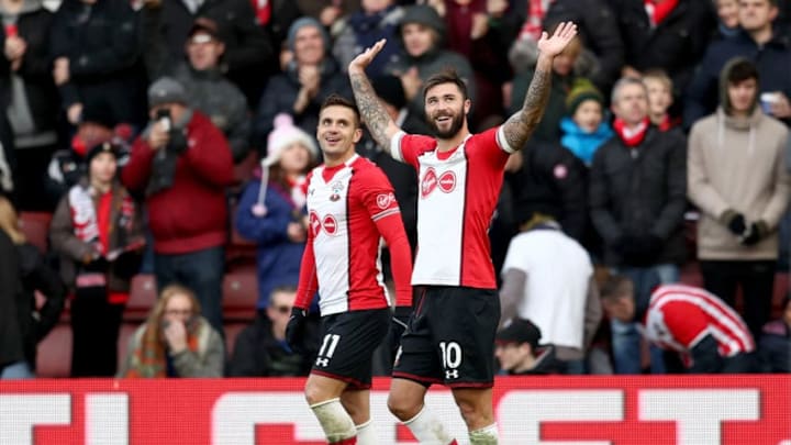 SOUTHAMPTON, ENGLAND – NOVEMBER 26: Charlie Austin of Southampton celebrates scoring the 2nd Southampton goal with Dusan Tadic of Southampton during the Premier League match between Southampton and Everton at St Mary’s Stadium on November 26, 2017 in Southampton, England. (Photo by Catherine Ivill/Getty Images)