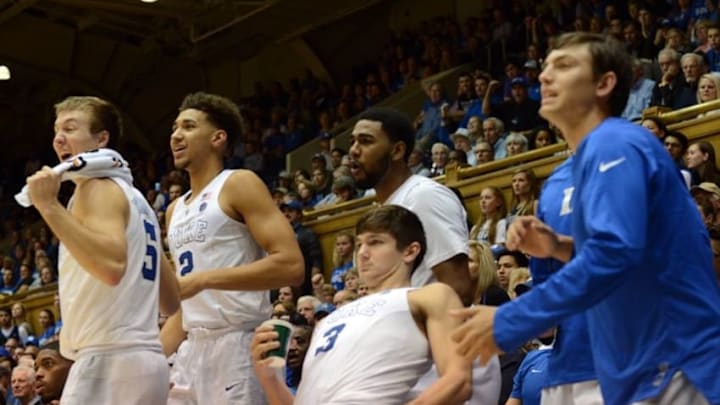 Nov 11, 2016; Durham, NC, USA; Duke Blue Devils players react to a dunk by guard Matt Jones (not pictured) during the second half against the Marist Red Foxes at Cameron Indoor Stadium. Duke won 94-49. Mandatory Credit: Rob Kinnan-USA TODAY Sports