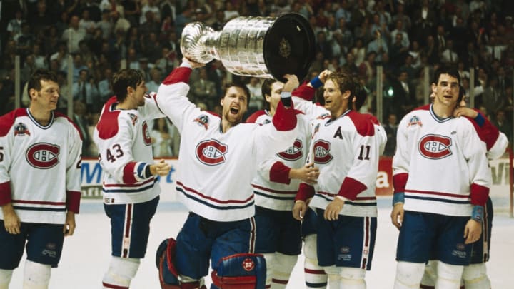 MONTREAL, CANADA – JUNE 7: Patrick Roy #33 of the Montreal Canadiens celebrates with the Stanley Cup after the Canadiens won Game 5 of the 1993 Stanley Cup Final over the Los Angeles Kings at the Montreal Forum on June 7, 1993 in Montreal, Quebec, Canada. (Photo by Denis Brodeur/NHLI via Getty Images)