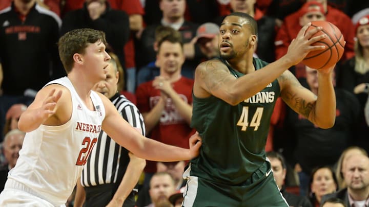 LINCOLN, NE – JANUARY 17: Nick Ward #44 of the Michigan State Spartans drives on Tanner Borchardt #20 of the Nebraska Cornhuskers at Pinnacle Bank Arena on January 17, 2019 in Lincoln, Nebraska. (Photo by Steven Branscombe/Getty Images)