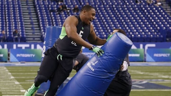 Feb 28, 2016; Indianapolis, IN, USA; Appalachian State defensive lineman Ronald Blair participates in the workout drills during the 2016 NFL Scouting Combine at Lucas Oil Stadium. Mandatory Credit: Brian Spurlock-USA TODAY Sports