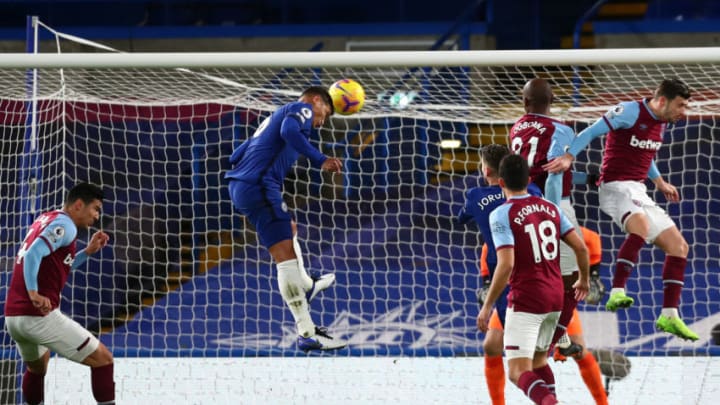 LONDON, ENGLAND - DECEMBER 21: Thiago Silva of Chelsea scores their team's first goal during the Premier League match between Chelsea and West Ham United at Stamford Bridge on December 21, 2020 in London, England. The match will be played without fans, behind closed doors as a Covid-19 precaution. (Photo by Clive Rose/Getty Images)