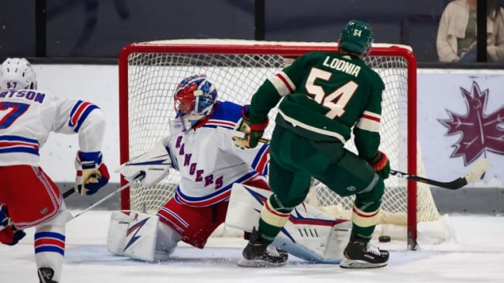 TRAVERSE CITY, MI - SEPTEMBER 09: Ivan Lodnia #54 of the Minnesota Wild scores a goal on Igor Shesterkin #31 of the New York Rangers during Day-4 of the NHL Prospects Tournament at Centre Ice Arena on September 9, 2019 in Traverse City, Michigan. (Photo by Dave Reginek/NHLI via Getty Images)