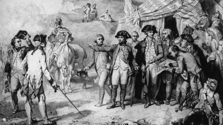 Generals Rochambeau and Washington give the last orders for attack at the siege of Yorktown. With them is the Marquis de Lafayette. Circa 1781.