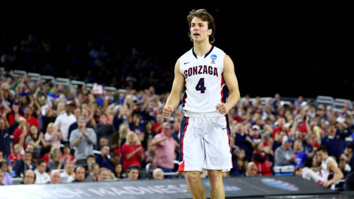 HOUSTON, TX - MARCH 27: Kevin Pangos #4 of the Gonzaga Bulldogs reacts against the UCLA Bruins during a South Regional Semifinal game of the 2015 NCAA Men's Basketball Tournament at NRG Stadium on March 27, 2015 in Houston, Texas. (Photo by Ronald Martinez/Getty Images)