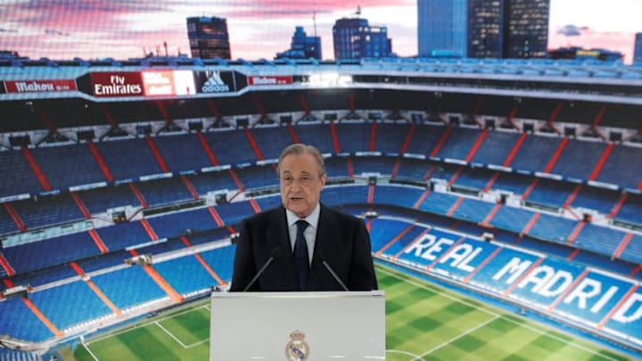 MADRID, SPAIN - JUNE 13: President of Real Madrid Club Florentino Perez makes a speech during a ceremony for Belgium forward Eden Hazard, Real Madrid's new signing from Chelsea, at Santiago Bernabeu Stadium in Madrid, Spain on June 13, 2019. (Photo by Burak Akbulut/Anadolu Agency/Getty Images)