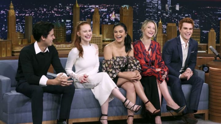 THE TONIGHT SHOW STARRING JIMMY FALLON -- Episode 0750 -- Pictured: (l-r) The Cast of 'Riverdale' Cole Sprouse, Madelaine Petsch, Camila Mendes, Lili Reinhart, KJ Apa during an interview on October 3, 2017 -- (Photo by: Andrew Lipovsky/NBC/NBCU Photo Bank via Getty Images)