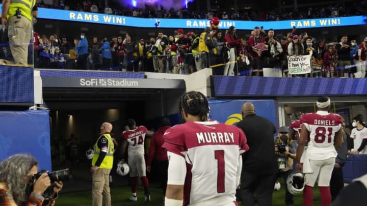 Jan 17, 2022; Los Angeles, California, USA; Arizona Cardinals quarterback Kyler Murray (1) walks off the field after losing 34-11 against the Los Angeles Rams in the NFC Wild Card playoff game.Nfc Wild Card Playoff Cardinals Vs Rams