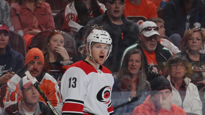 PHILADELPHIA, PENNSYLVANIA – APRIL 06: Warren Foegele #13 of the Carolina Hurricanes celebrates his goal at 9:20 of the first period against the Philadelphia Flyers at the Wells Fargo Center on April 06, 2019 in Philadelphia, Pennsylvania. (Photo by Bruce Bennett/Getty Images)