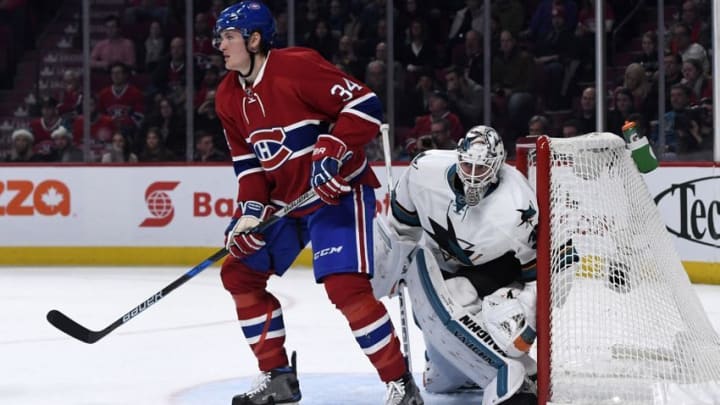 Dec 16, 2016; Montreal, Quebec, CAN; Montreal Canadiens forward Michael McCarron (34) screens San Jose Sharks goalie Martin Jones (31) during the third period at the Bell Centre. Mandatory Credit: Eric Bolte-USA TODAY Sports