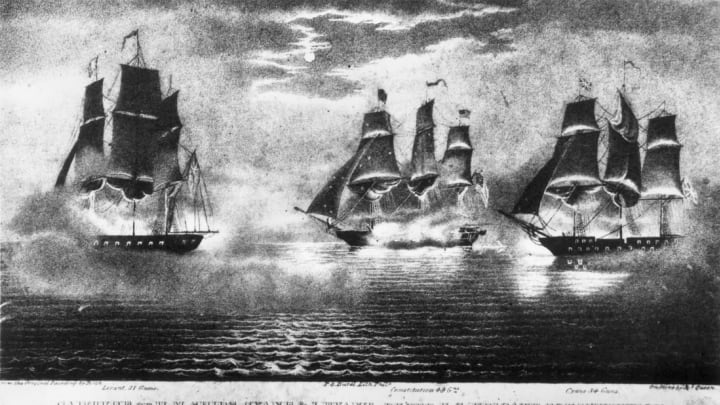 The Constitution, a.k.a. "Old Ironsides," captures the British vessels Cyane and Levant during the War of 1812.