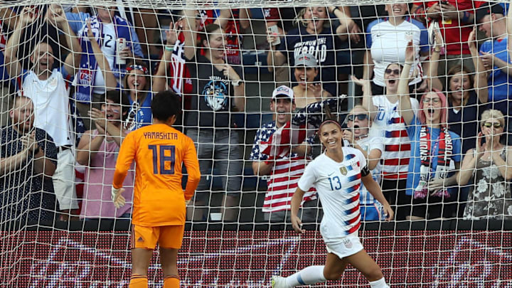 KANSAS CITY, KS - JULY 26: Alex Morgan #13 of the United States celebrates after scoring during their Tournament Of Nations match against Japan at Children's Mercy Park on July 26, 2018 in Kansas City, Kansas. (Photo by Jamie Squire/Getty Images)