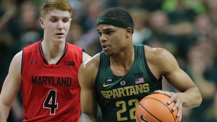 EAST LANSING, MI - JANUARY 4: Miles Bridges #22 of the Michigan State Spartans drives to the basket defended by Kevin Huerter #4 of the Maryland Terrapins at Breslin Center on January 4, 2018 in East Lansing, Michigan. (Photo by Rey Del Rio/Getty Images)