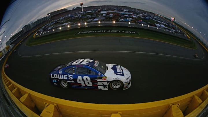 CHARLOTTE, NC - MAY 27: Jimmie Johnson, driver of the #48 Lowe's Patriotic Chevrolet, races during the Monster Energy NASCAR Cup Series Coca-Cola 600 at Charlotte Motor Speedway on May 27, 2018 in Charlotte, North Carolina. (Photo by Sarah Crabill/Getty Images)