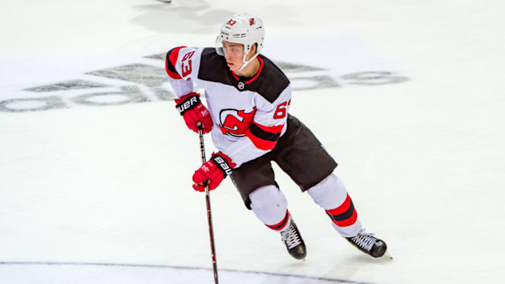 BERN, SWITZERLAND - OCTOBER 01: #63 Jesper Bratt of New Jersey Devils skates during the NHL Global Series Challenge Switzerland 2018 match between SC Bern and New Jersey Devils at PostFinance Arena on October 1, 2018 in Bern, Switzerland. (Photo by Robert Hradil/NHLI via Getty Images) BERN, SWITZERLAND - OCTOBER 01: #63 Jesper Bratt of New Jersey Devils skates during the NHL Global Series Challenge Switzerland 2018 match between SC Bern and New Jersey Devils at PostFinance Arena on October 1, 2018 in Bern, Switzerland. (Photo by Robert Hradil/NHLI via Getty Images)