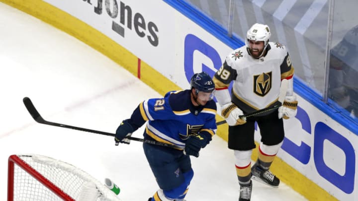 Alex Tuch #89 of the Vegas Golden Knights celebrates after scoring a goal against the St. Louis Blues during the second period in a Western Conference Round Robin game. (Photo by Jeff Vinnick/Getty Images)