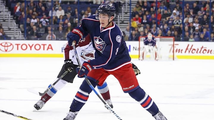 Nov 21, 2016; Columbus, OH, USA; Columbus Blue Jackets defenseman Zach Werenski (8) against the Colorado Avalanche at Nationwide Arena. The Avalanche won 3-2. Mandatory Credit: Aaron Doster-USA TODAY Sports