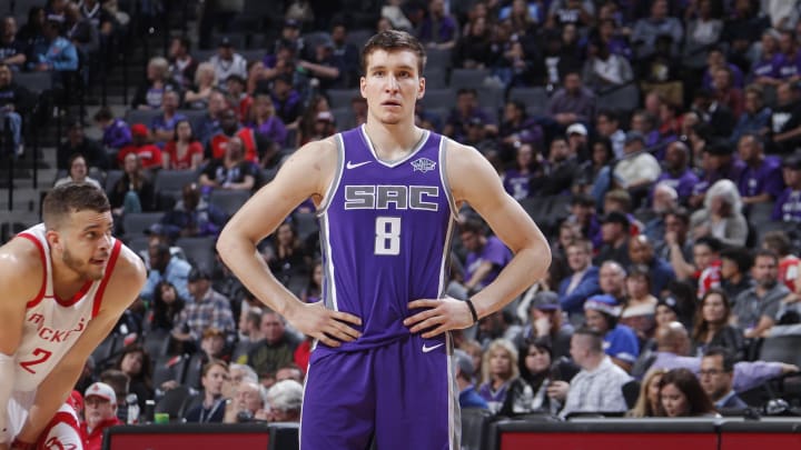 SACRAMENTO, CA – APRIL 11: Bogdan Bogdanovic #8 of the Sacramento Kings looks on during the game against the Houston Rockets on April 11, 2018 at Golden 1 Center in Sacramento, California. NOTE TO USER: User expressly acknowledges and agrees that, by downloading and or using this photograph, User is consenting to the terms and conditions of the Getty Images Agreement. Mandatory Copyright Notice: Copyright 2018 NBAE (Photo by Rocky Widner/NBAE via Getty Images)